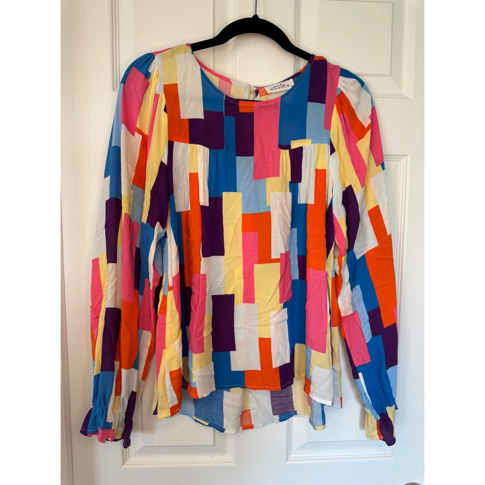 Emily Wonder Womens Multi Color Geometric Block Print Ruffle Cuff Blouse Small